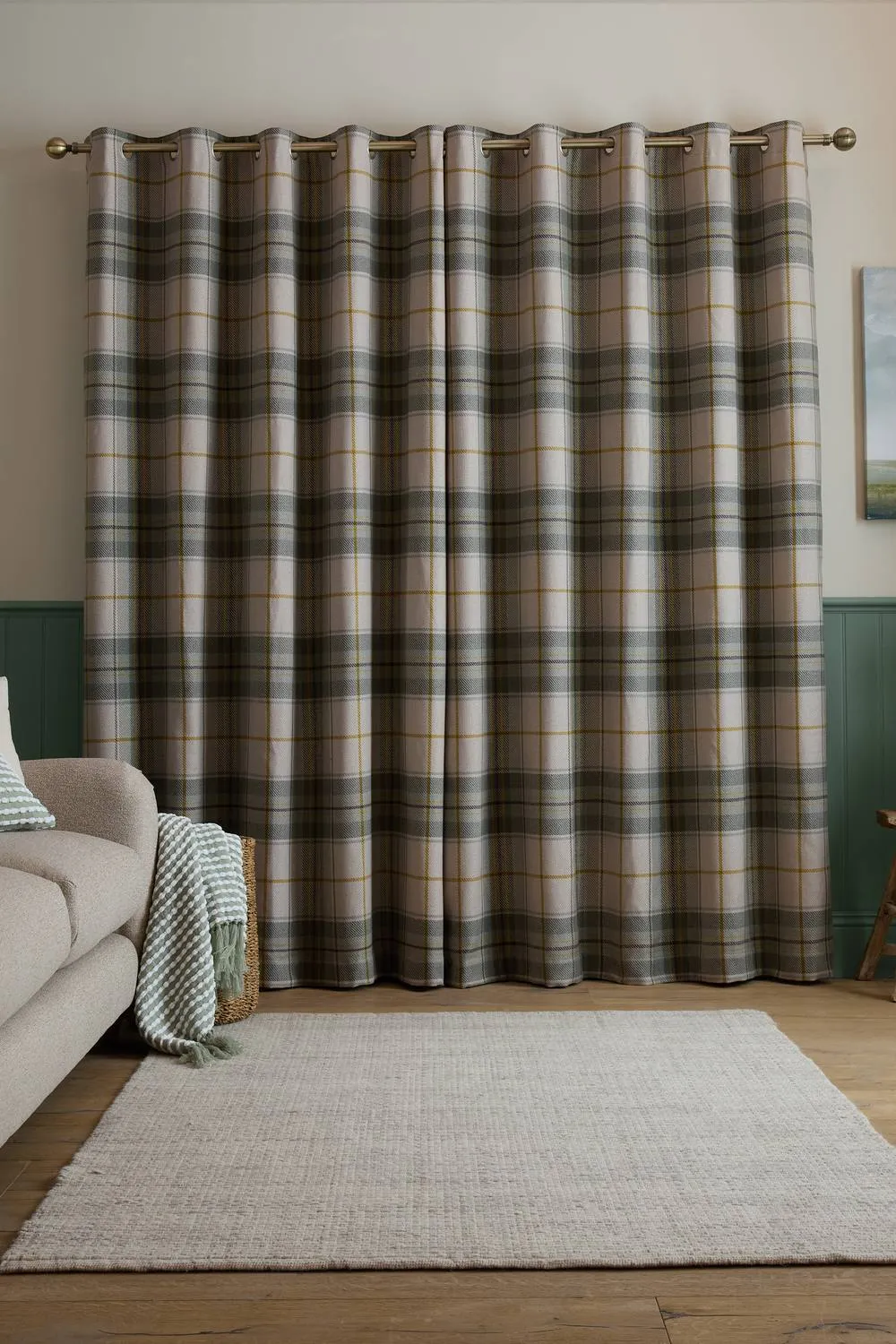 Catherine Lansfield 'Brushed Woven Glencoe Check' Thermal Eyelet Curtains in Green 2