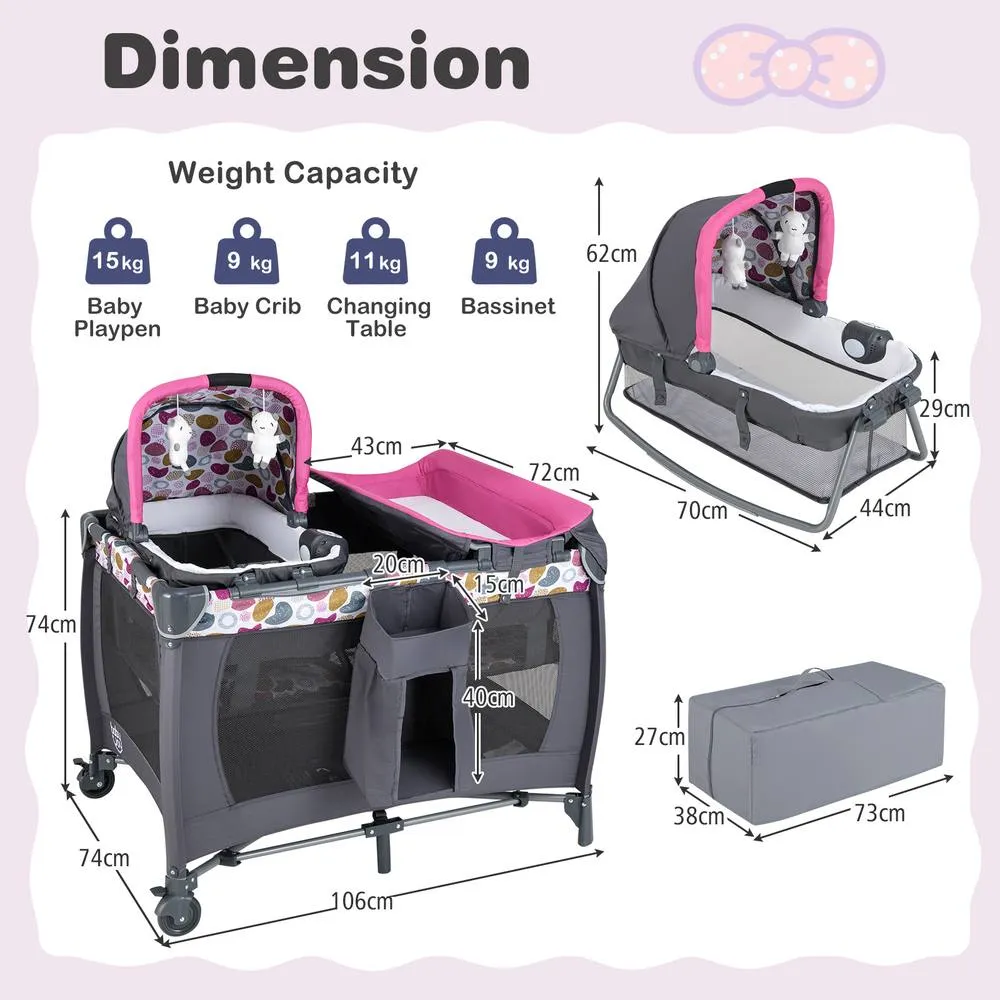 Costway Foldable Pack &Play Portable Baby Playard w/Rocking Bassinet&Music Box in Pink 4