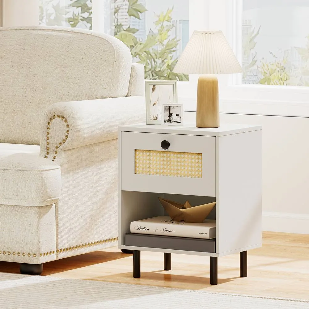 Costway Rattan Nightstand Boho Style Bedside Table with Drawer & Open Storage Shelf in White 5