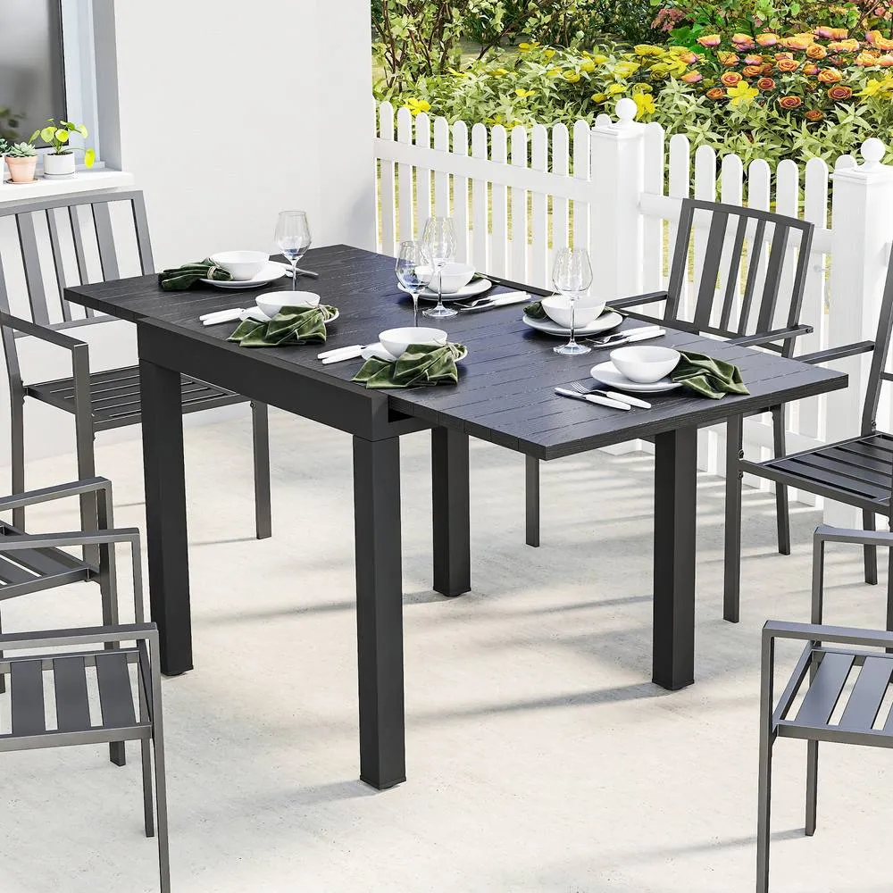 OUTSUNNY Aluminium Extending Garden Table with Faux Wood Slatted Top, Black