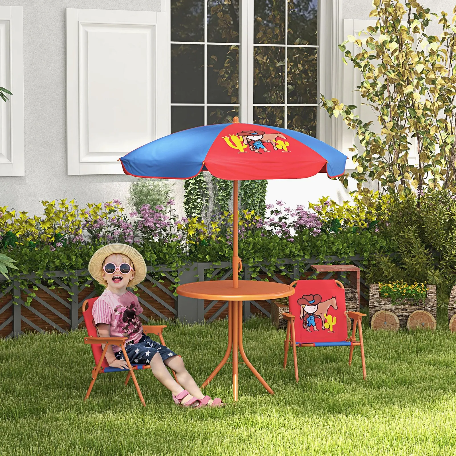 OUTSUNNY Children Table & Chair Set Outdoor Garden Furniture Set w/ Cowboy Theme