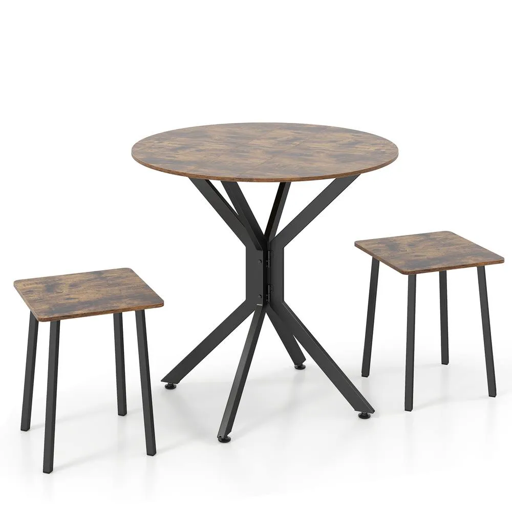 Costway 3-Pieces Drop Leaf Dining Table Industrial Dining Furniture in Brown