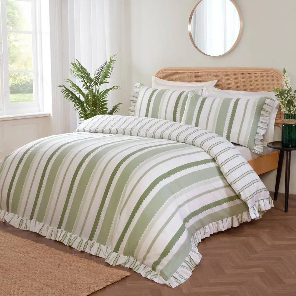 Rapport Home Maya Stripe Polycotton Reversible Duvet Cover Set with Pillowcase in Green