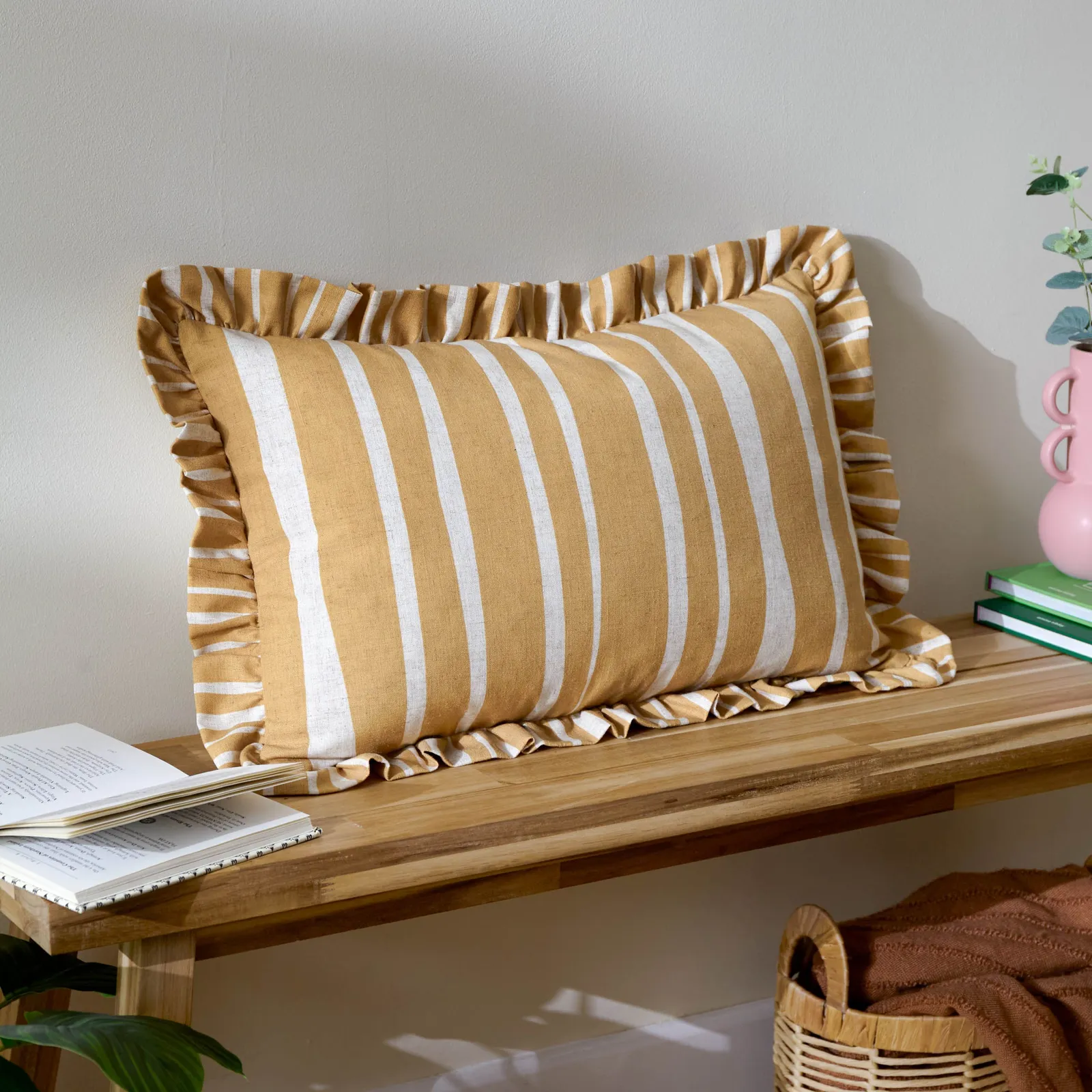 Furn Carmon Stripe Ruffle Cushion in Yellow