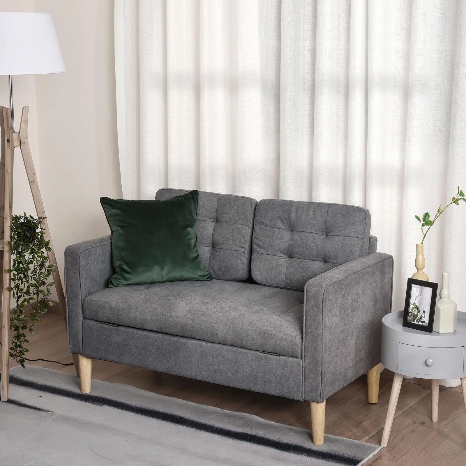 HOMCOM Compact Loveseat Sofa 2 Seater Sofa with Storage & Wood Legs in Grey
