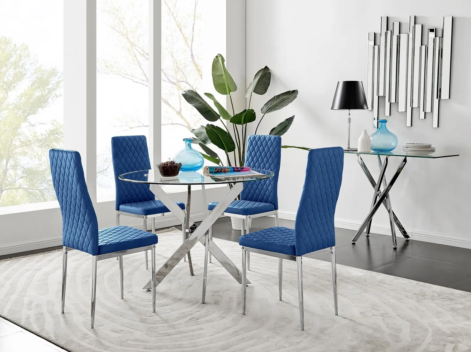 FurnitureboxUK Novara 100cm Round Dining Table & 4 Velvet Milan Chairs in Navy