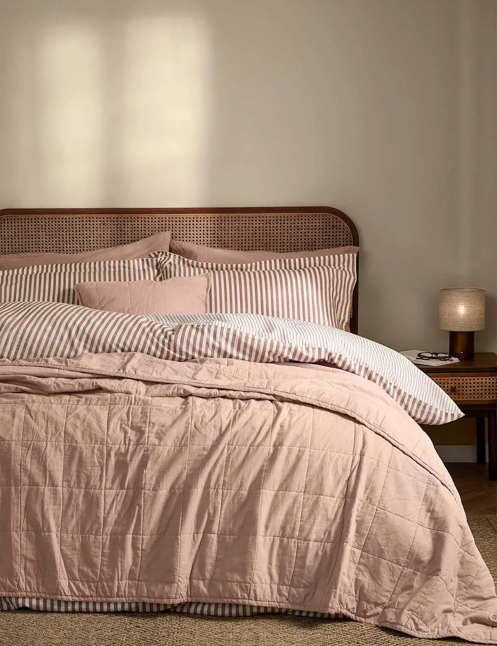YARD Hebden Washed Cotton Quilted Bedspread Soft Pink