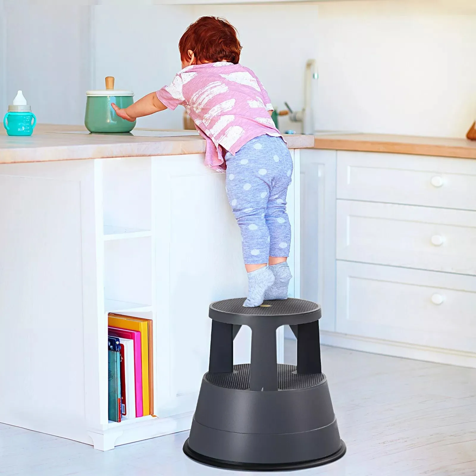 Costway Step Stool Roller Stool with Casters & Non-slip Rubber Band 150kg Large Capacity in Black 5