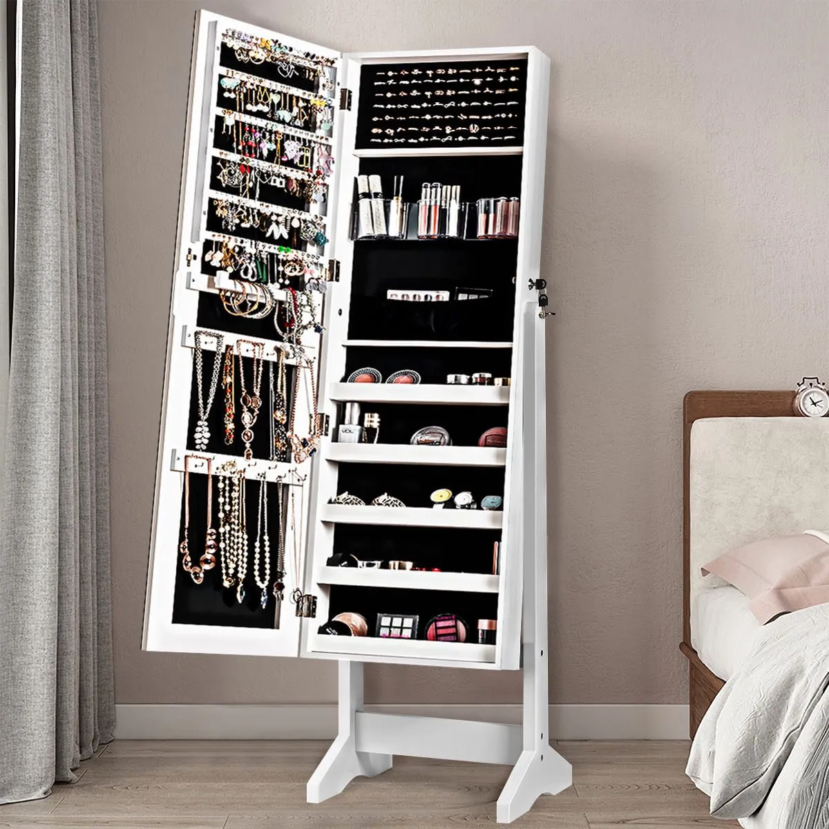 Costway Jewelry Cabinet Free Standing Jewelry Armoire w/Full-Length Mirror in White 2