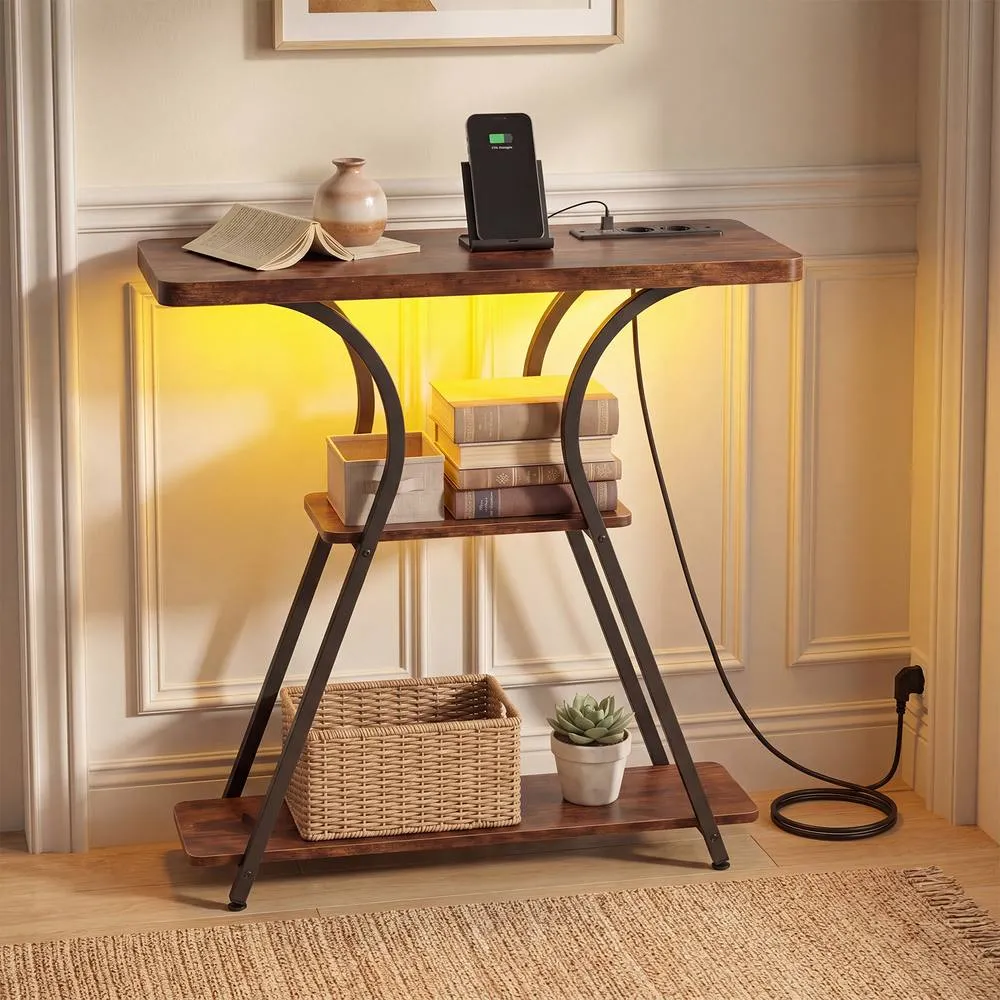 Costway Console Table w/ LED Lights & Power Outlets Table w/ Shelves in Brown 4