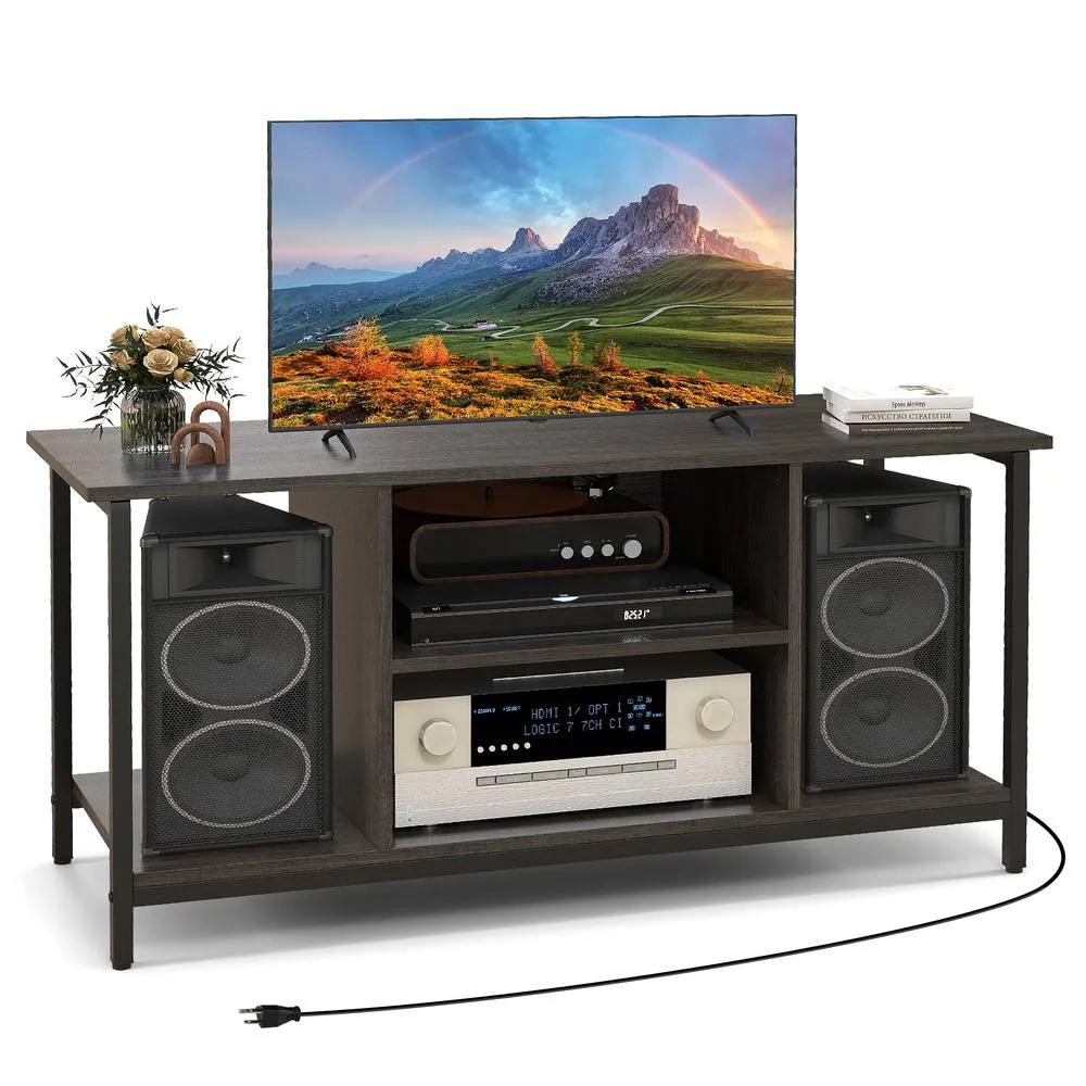 Costway TV Stand with Power Outlet USB & Type-C Port 3-tier TV Console Table in Grey