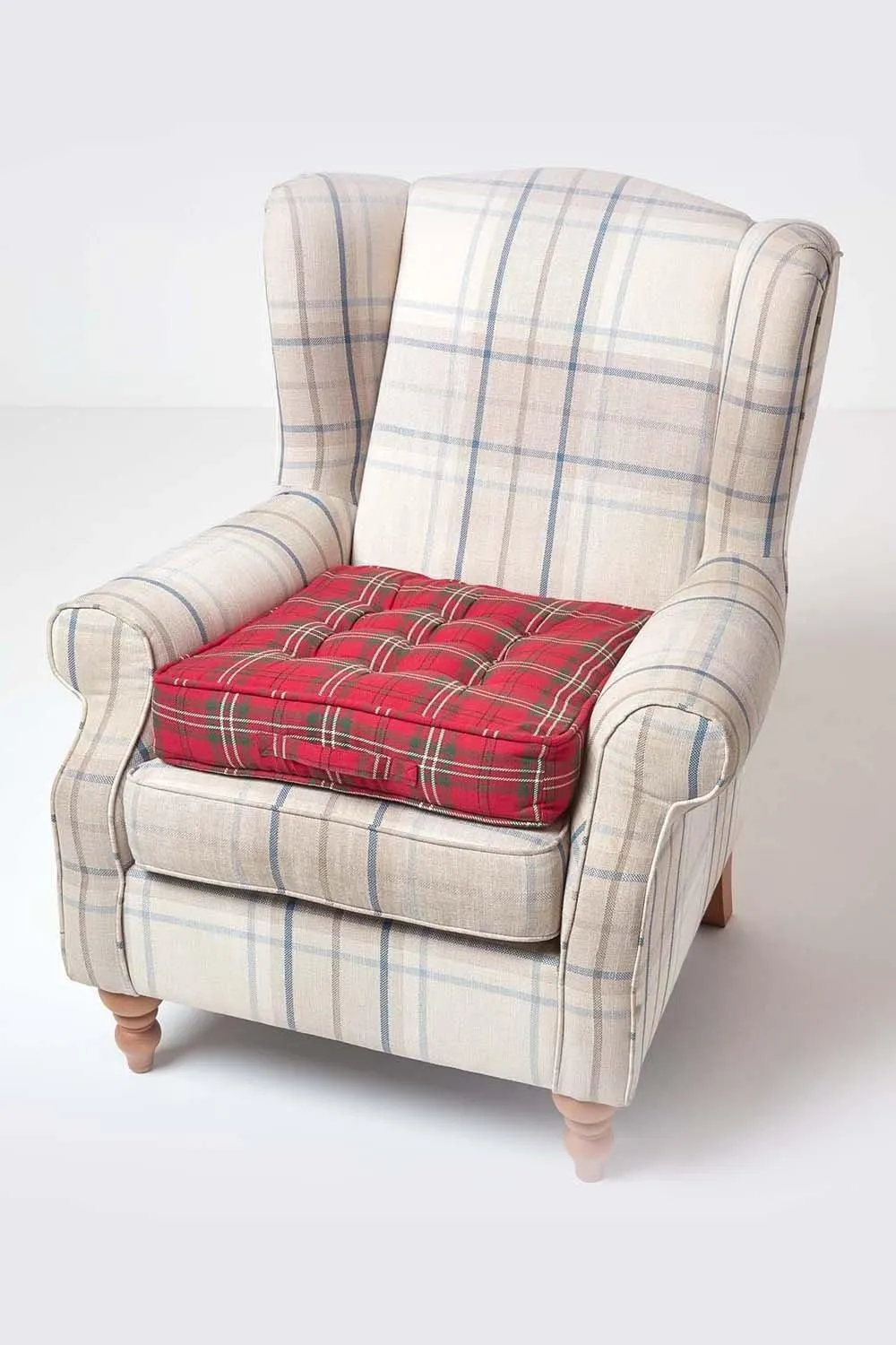 Homescapes Edward Tartan Cotton Armchair Booster Cushion in Red 6