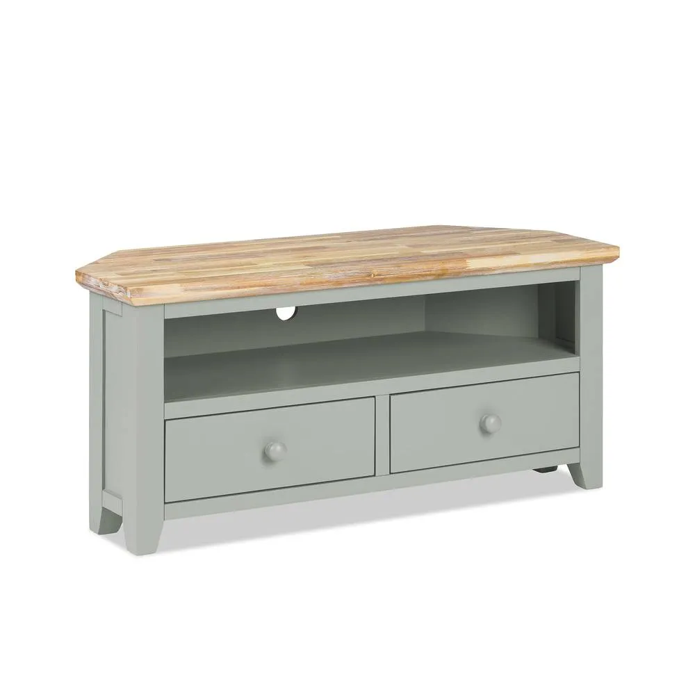 Statement Furniture Florence Corner TV Unit With 2 Drawers & Shelf in Light Green 1