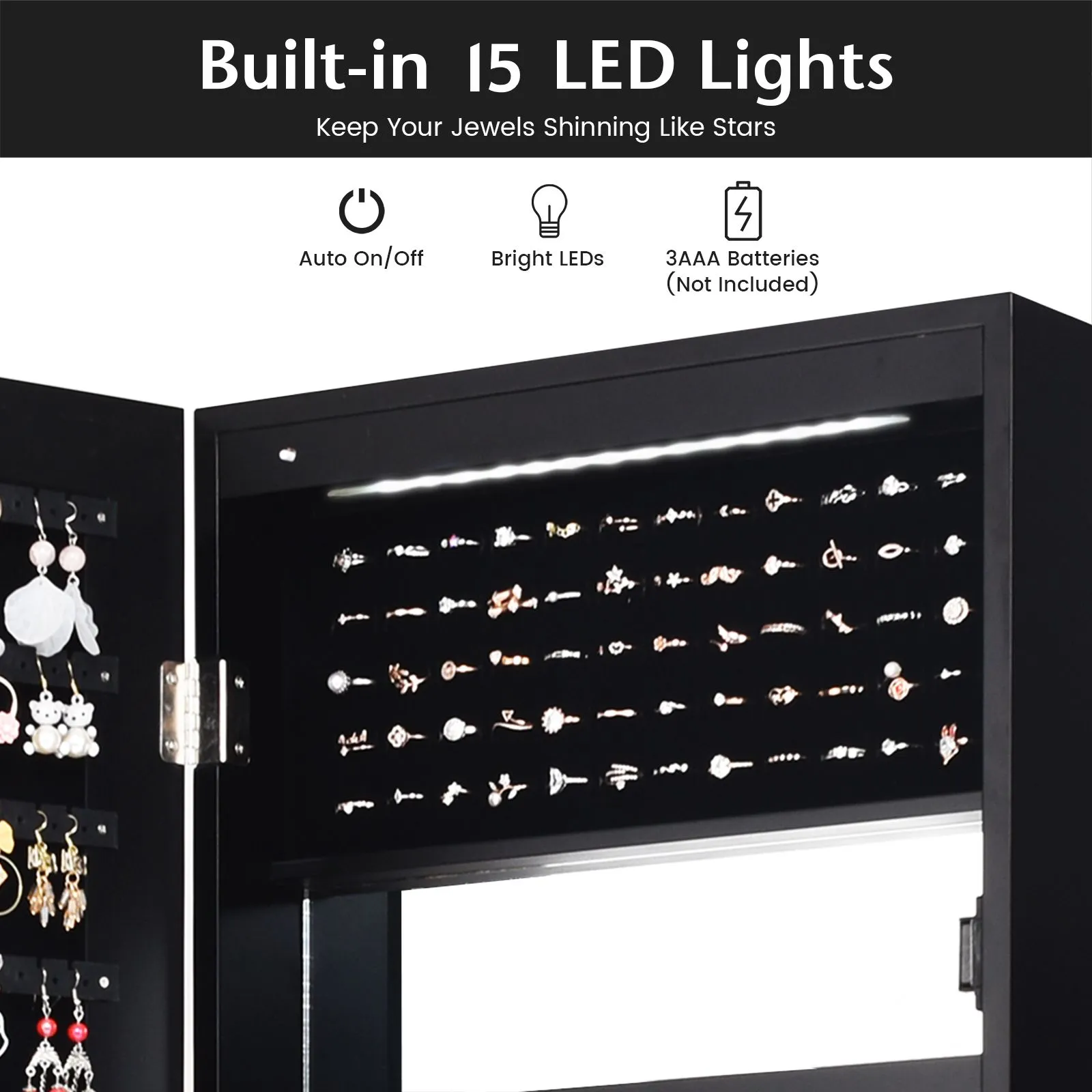 Costway Wall/Door Mounted Jewelry Armoire Organizer Full-length Mirror Storage Cabinet in Black 4