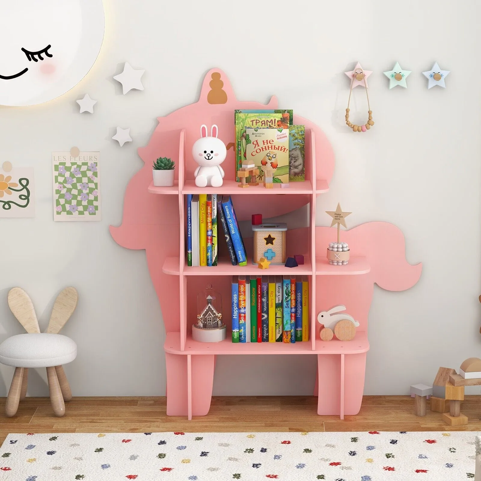 Costway Unicorn Bookcase 3-Tier Toy Storage Organizer Wooden Bookshelf in Pink 4
