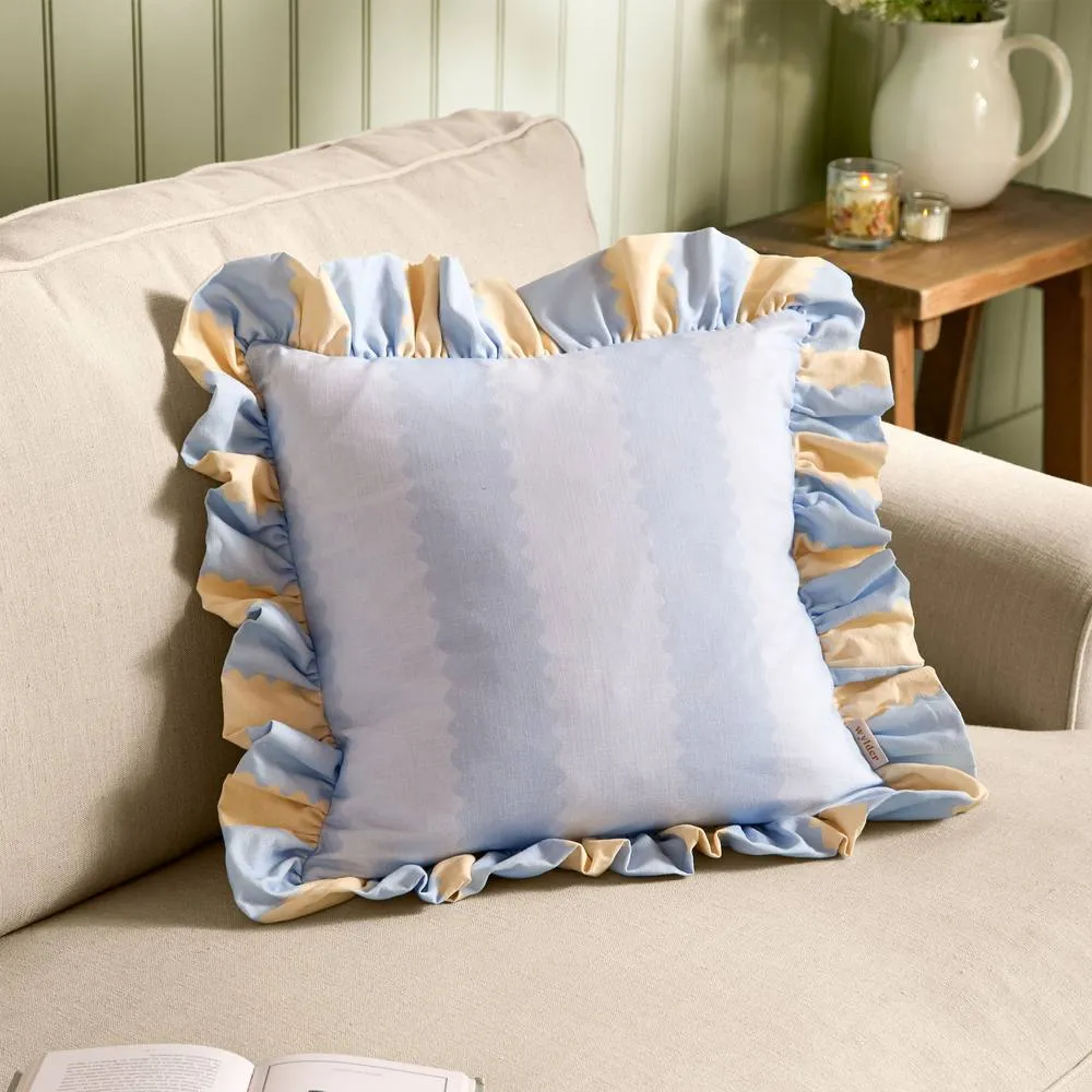 Wylder Birdie Stripe 100% Cotton Ruffle Cushion in Light Blue 1