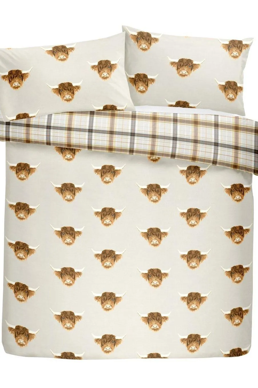 Fusion 'Highland Cow' Print With Tartan Reverse Duvet Cover Set in Mustard 3