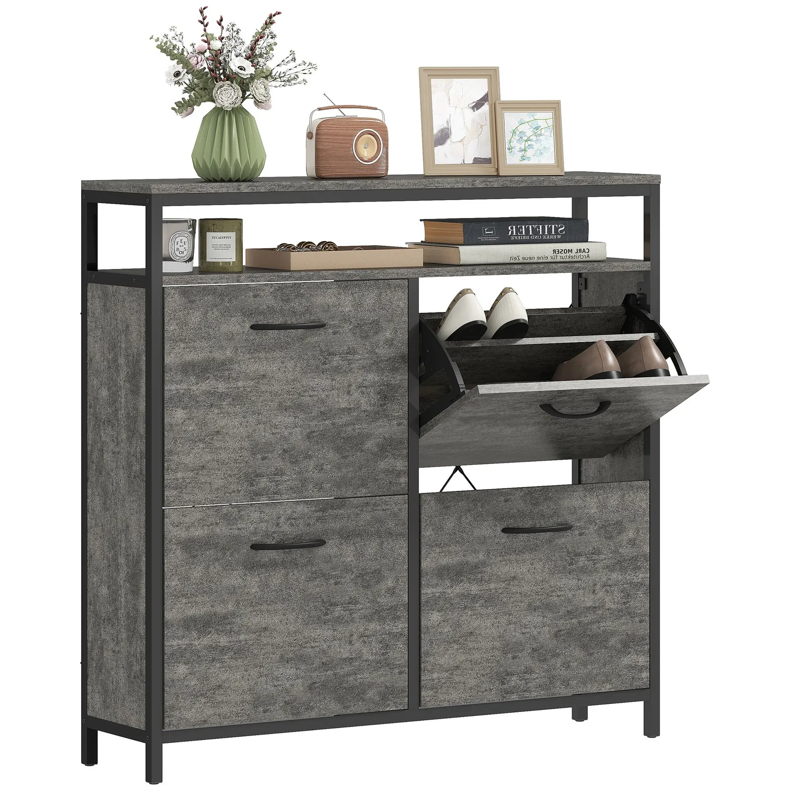 HOMCOM Shoe Cabinet with 4 Flip Drawers, Holds 12-20 Pairs in Grey 2