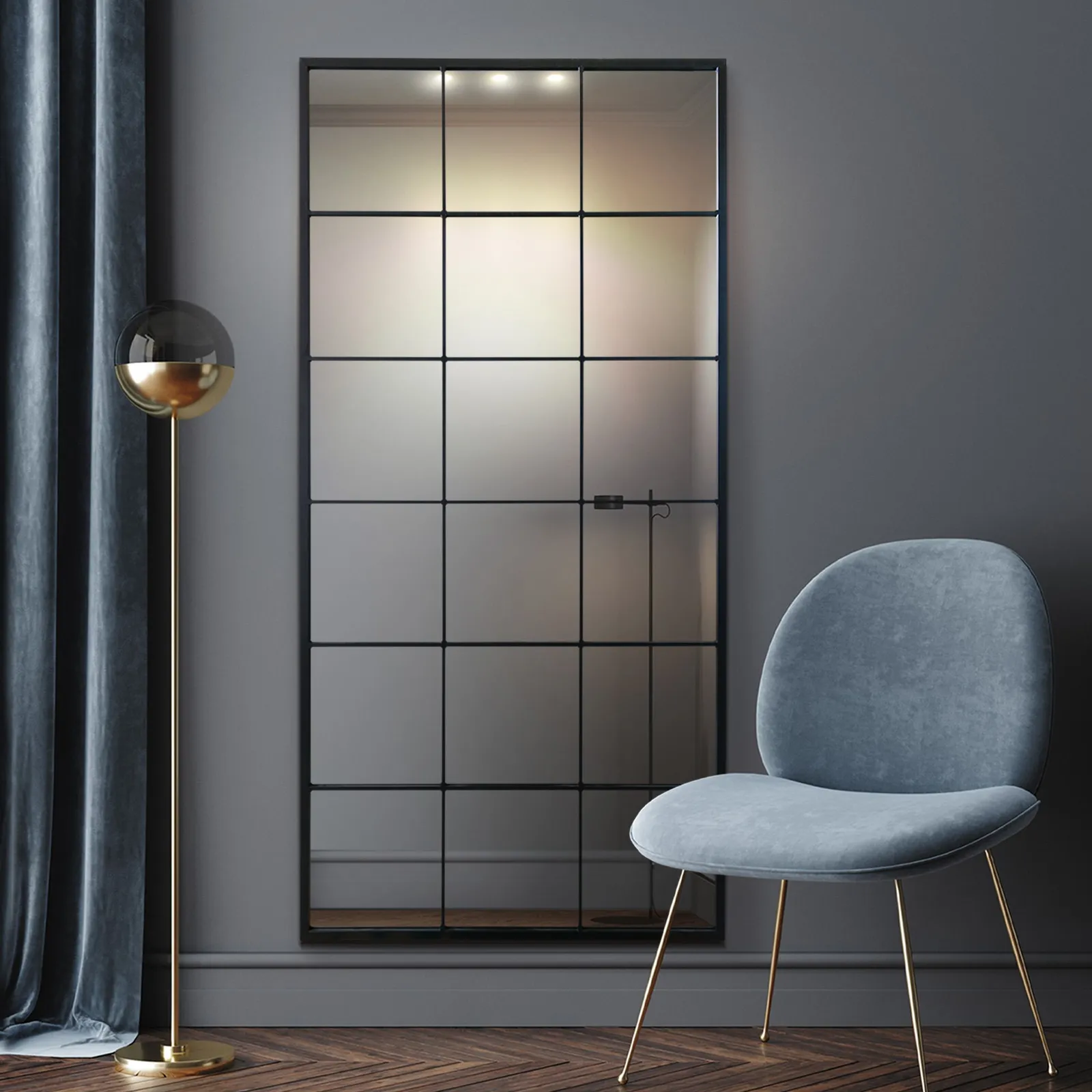 MirrorOutlet The Fenestra Black Modern Window Mirror 174CM X 85CM