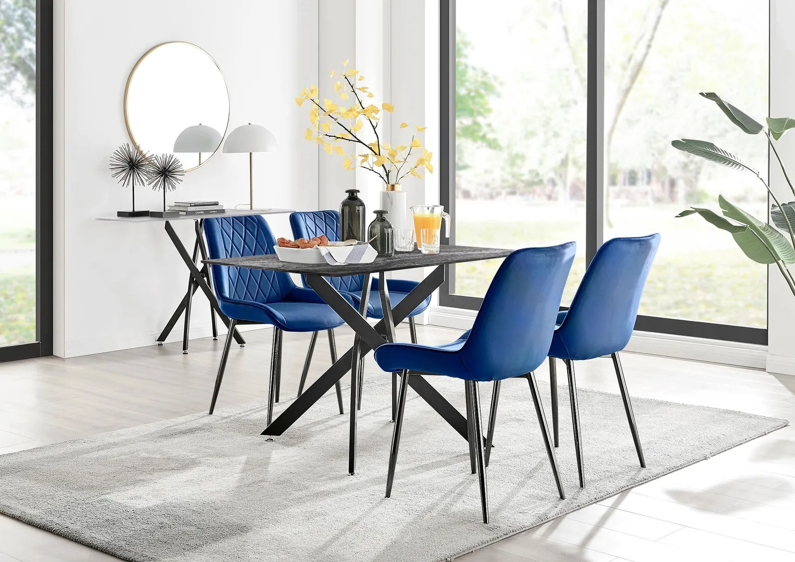 FurnitureboxUK Leonardo Grey Glass Marble Effect Black Leg Table & 4 Pesaro Black Leg Chairs in Navy