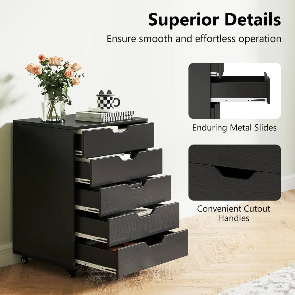 Costway 5 Drawer Rolling Storage Cabinet Mobile Chest of Drawers Wooden Dresser Organizer Coffee in Black 6