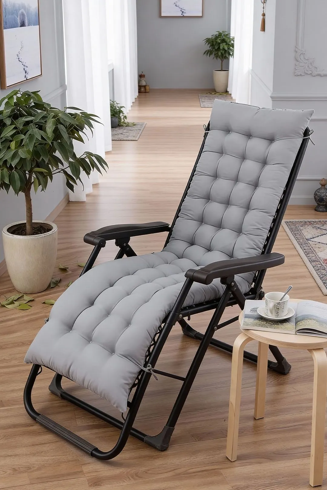 Living and Home 160x50cm Grey Outdoor Sun Lounger Cushion with Slip-Over Back & Side Tie Straps