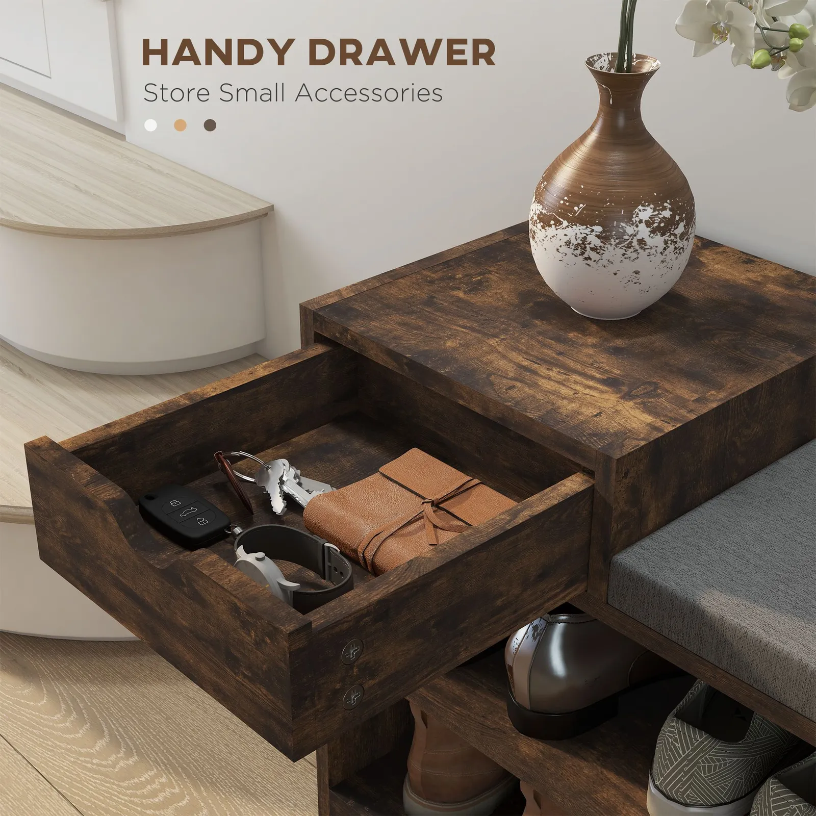 HOMCOM Upholstered Entryway Shoe Bench with Storage Drawer Open Shelf in Brown 6