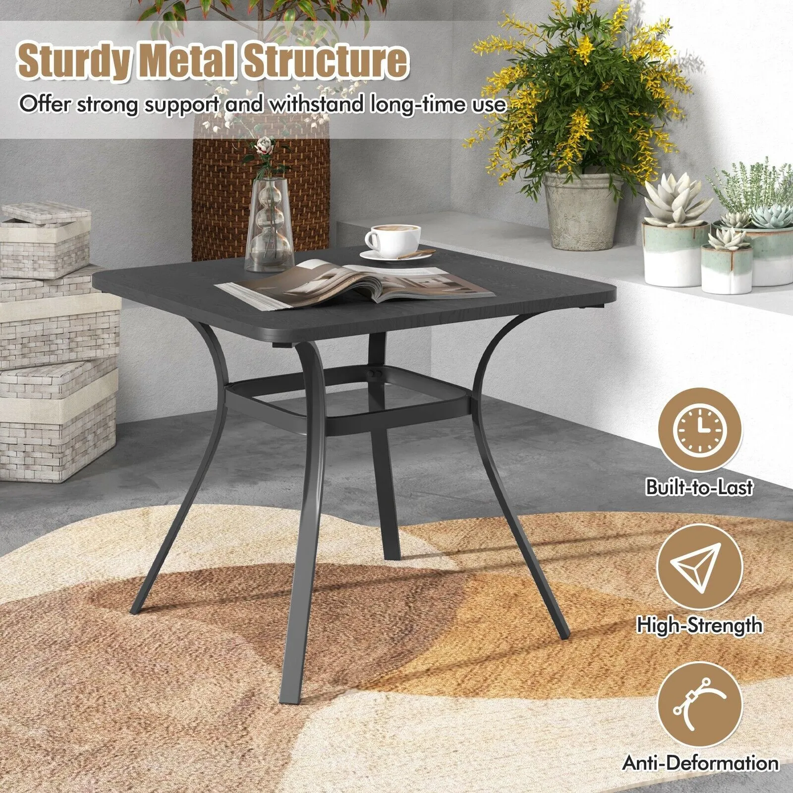 Costway 80cm Patio Dining Table Outdoor Metal Square Table with 4 Curved Legs in Grey 6