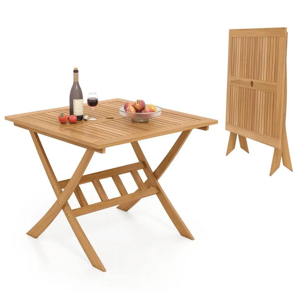 Costway Acacia Wood Folding Table 90CM Patio Dining Table w/Umbrella Hole in Natural 2