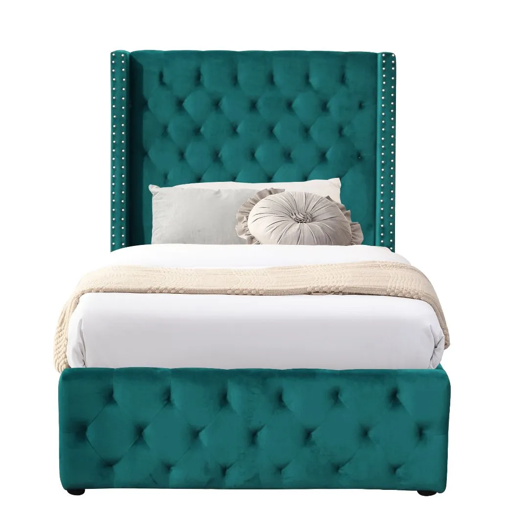 Comfy Living Ltd Winged Plush Velvet Fabric Ottoman Gas Lift Up Storage Bed Frame in Green 2