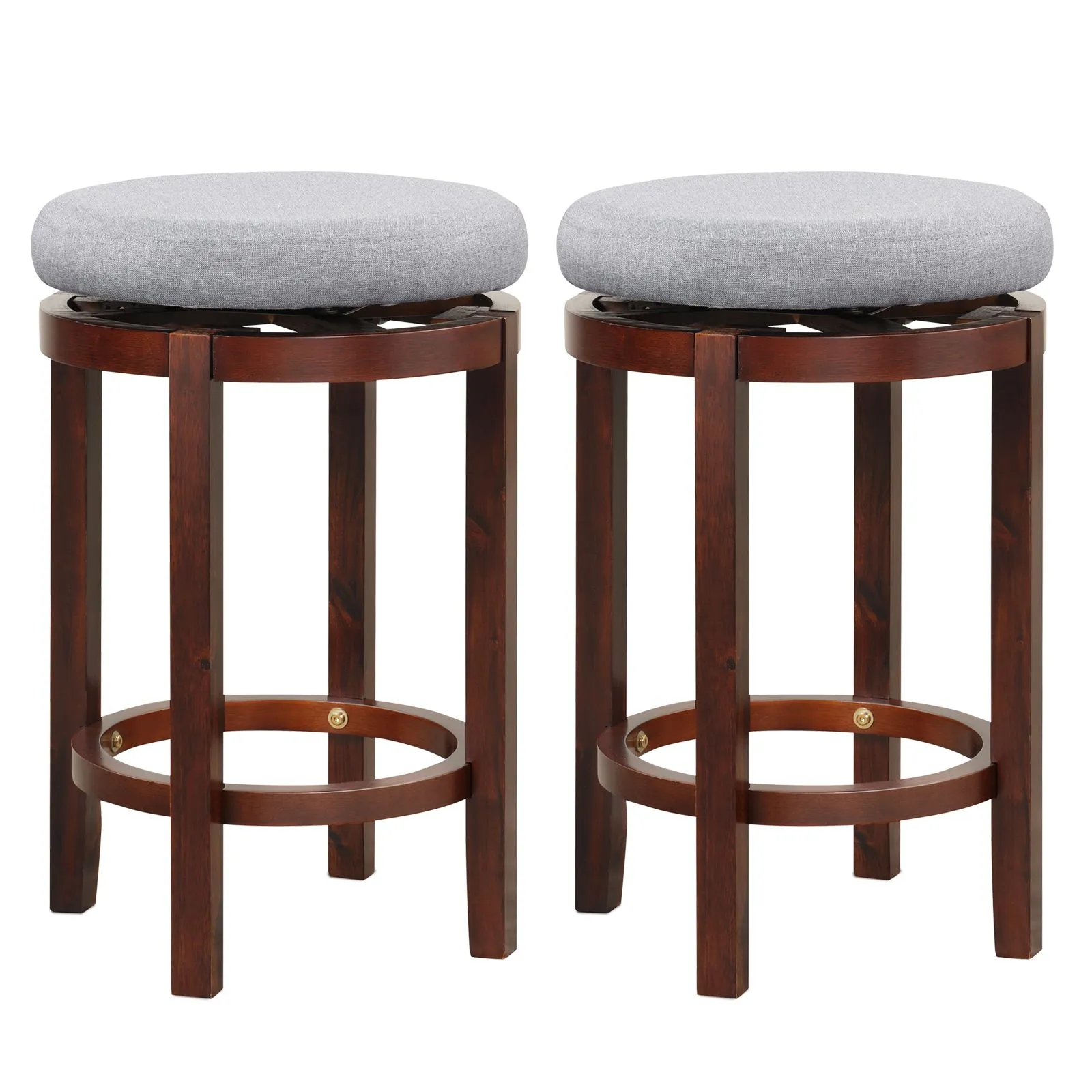 Costway Set of 2 Bar Stools Wooden Counter Height Chair 360° Swivel Kitchen Padded Seat in Grey