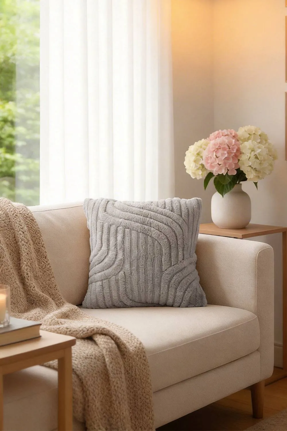 Living and Home 3D Wave Textured Plush Throw Pillow Cover in Light Grey