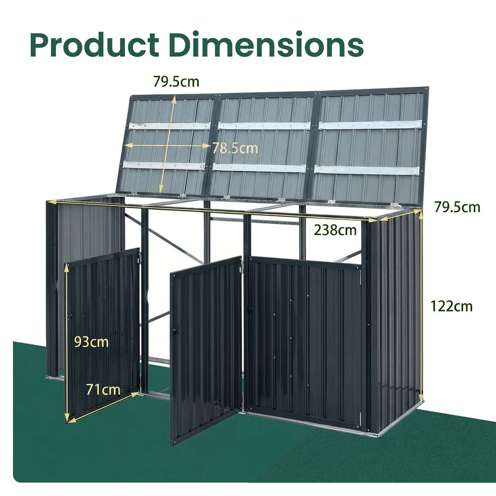 Costway 3-Bin Metal Trash Can Storage Shed 7.8x2.6FT Garbage Shed Flip-Up Lids in Grey 2
