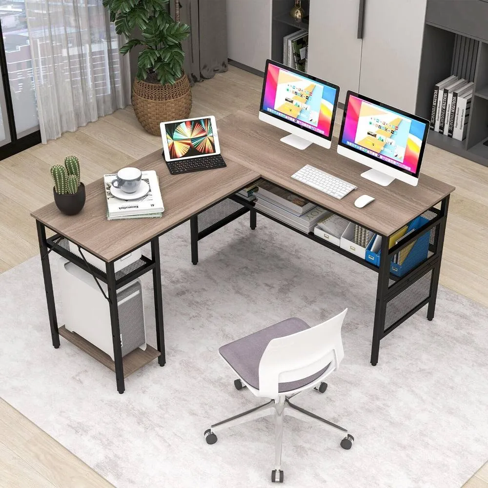 Costway L-Shaped Computer Desk Reversible Corner Workstation w/ Mesh Storage in Grey 5