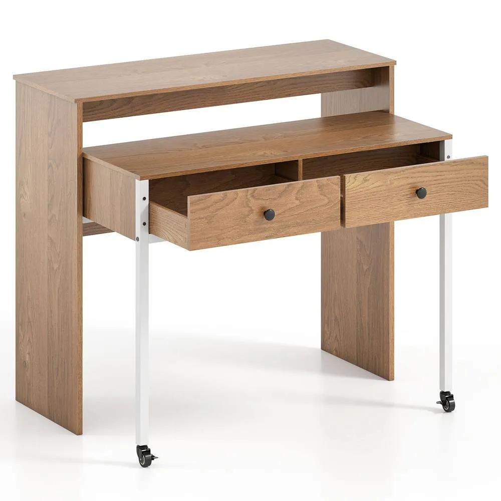 Costway Extendable Computer Desk Convertible Home Office Desk w/ Drawers in Natural 2