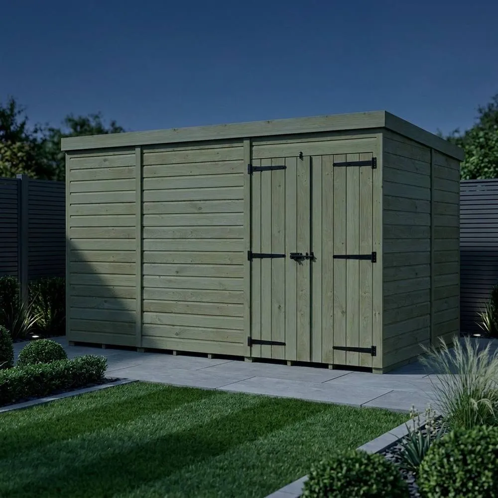 Buttercup Farm 13ft x 9ft Pent Garden Shed Double Door With Windows - Timber in Brown 3