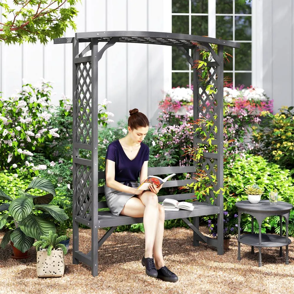OUTSUNNY Arch Pergola Garden Bench, Wooden Garden Arbour with Seat in Grey