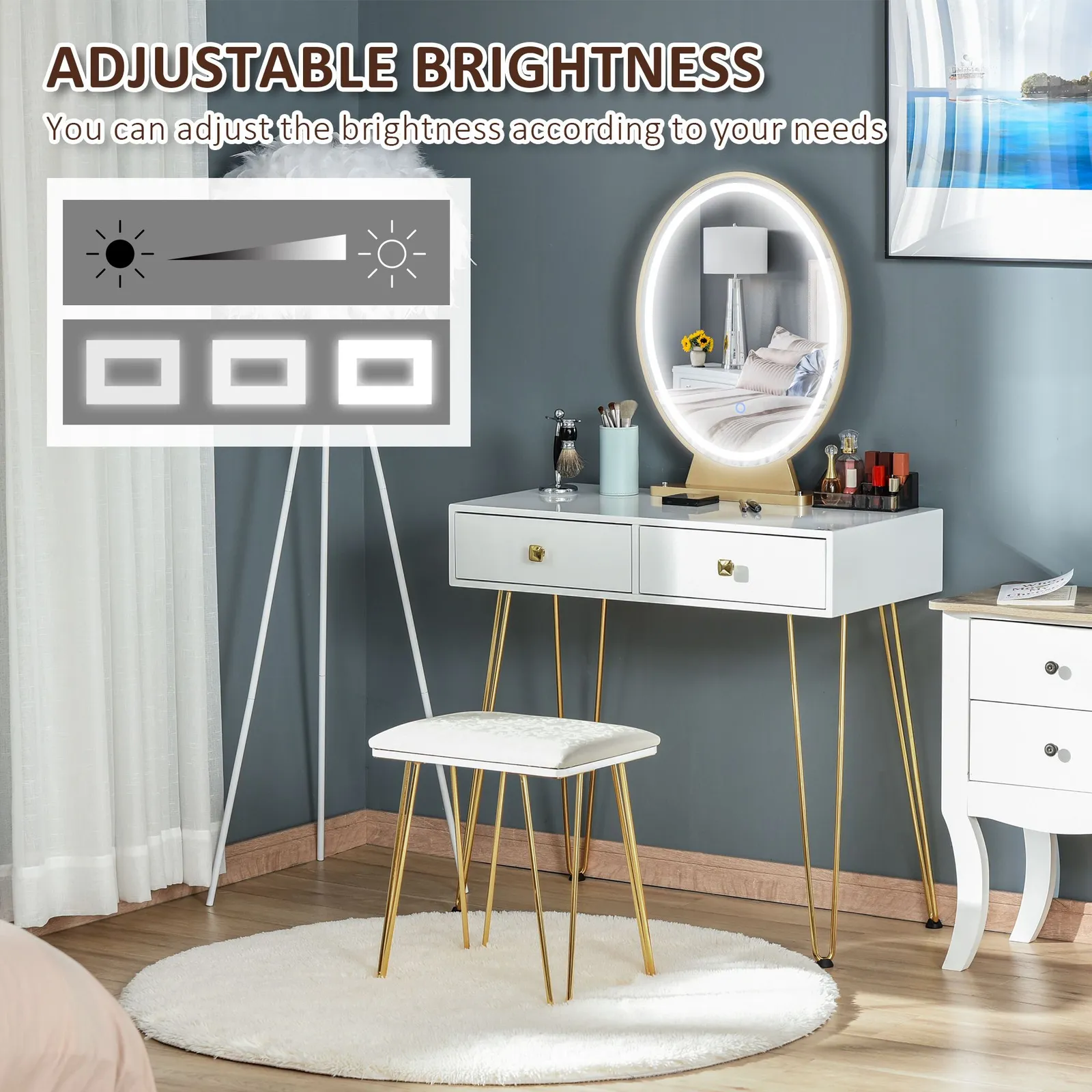 HOMCOM Vanity Table Set Dressing Table with 2 Drawers Cushioned Stool Makeup Table in White 6