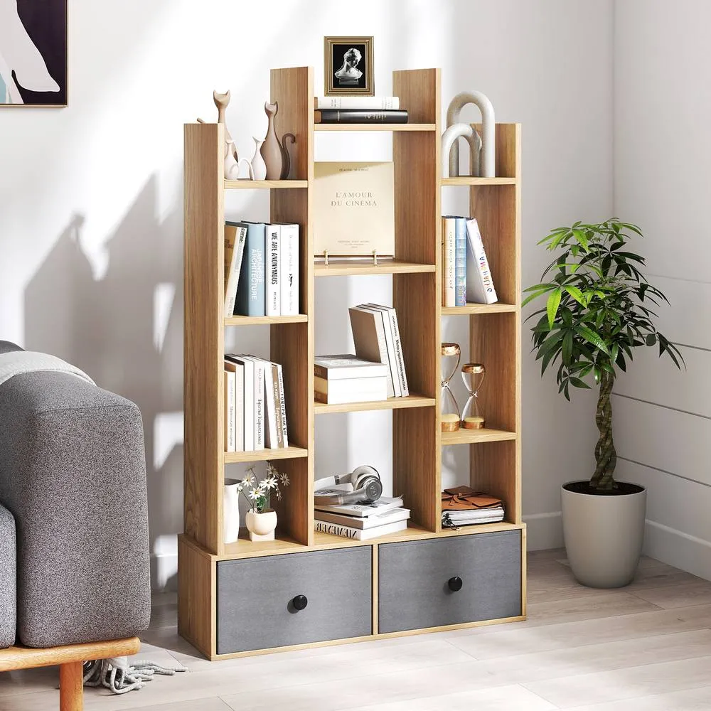 Costway 12 Tier Bookshelf Open Storage Wood Bookcase Organizer Display Shelf in Natural