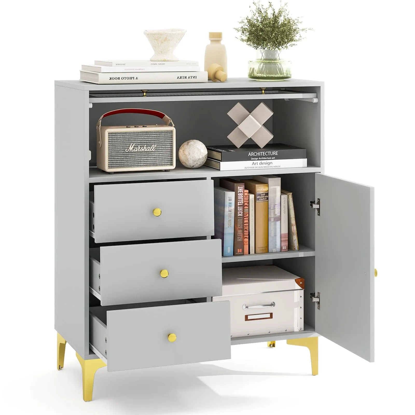 Costway Wooden Chest of Drawers 3-Drawer Dresser Storage Cabinet Chest Cupboard Organiser Unit in Grey