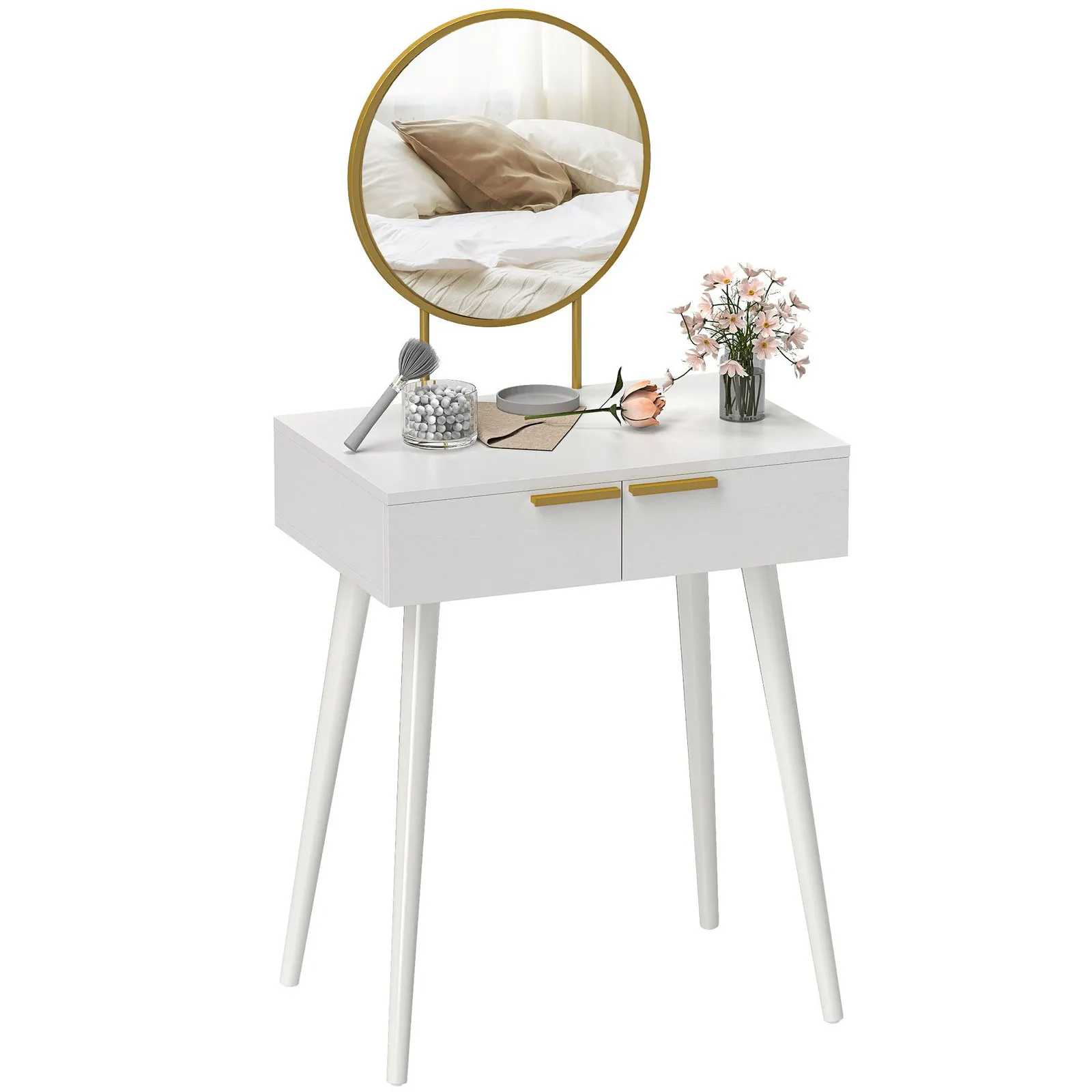 HOMCOM Modern Dressing Table w/ 2 Drawers Round Mirror for Bedroom White 2