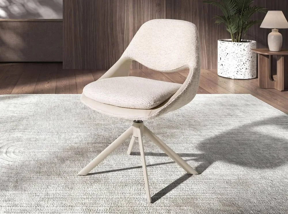 Angel Cerda Swivel dining chair in off-white & cream fabric with stainless steel legs 3