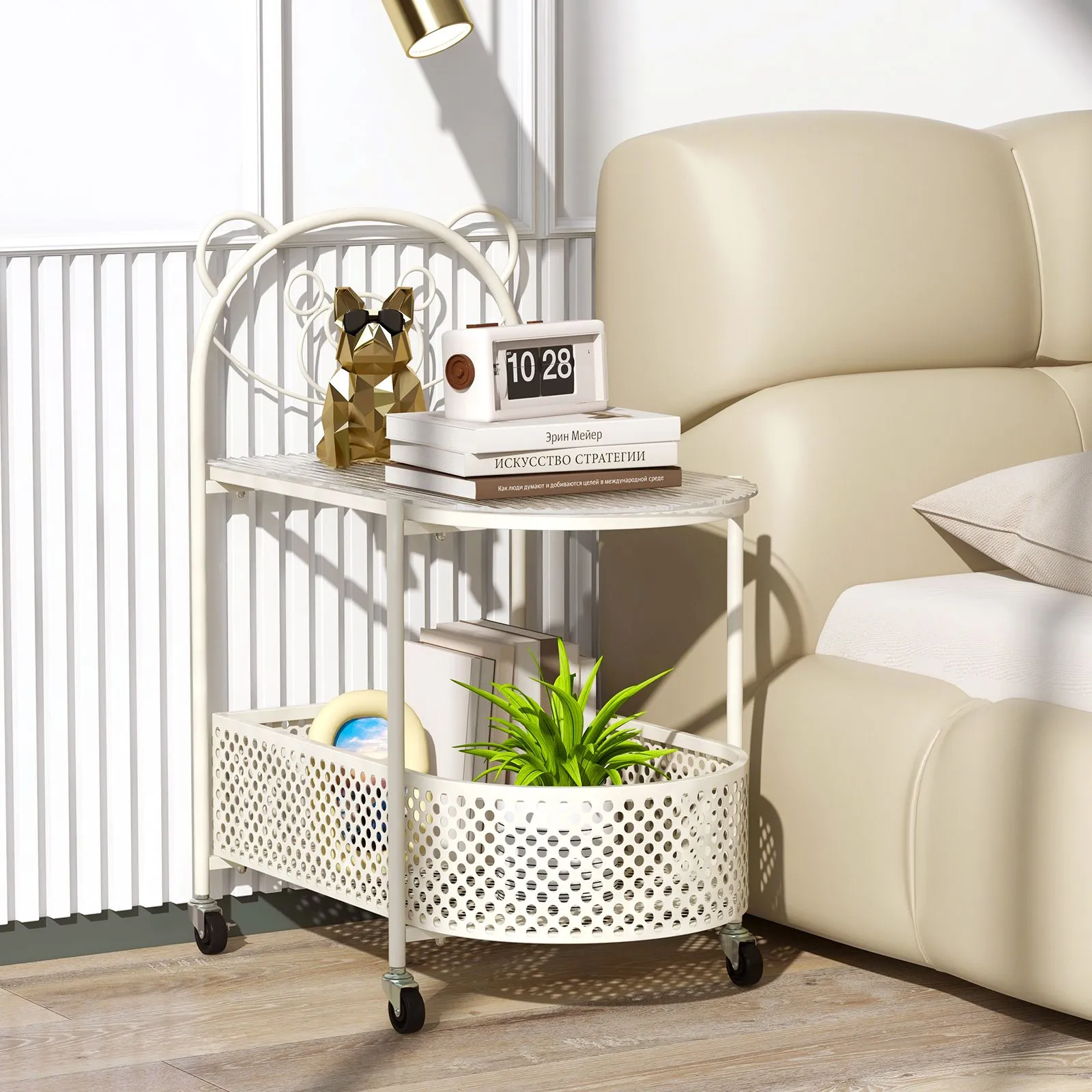 Costway Mobile Glass Coffee Table 2-Tier Modern Cocktail Table-White in White 6