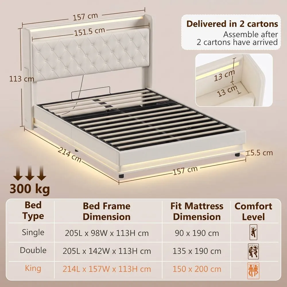 HOMCOM Lift up Storage Bed Frame with RGB LED Lights, 150 x 200cm, White in Cream 3