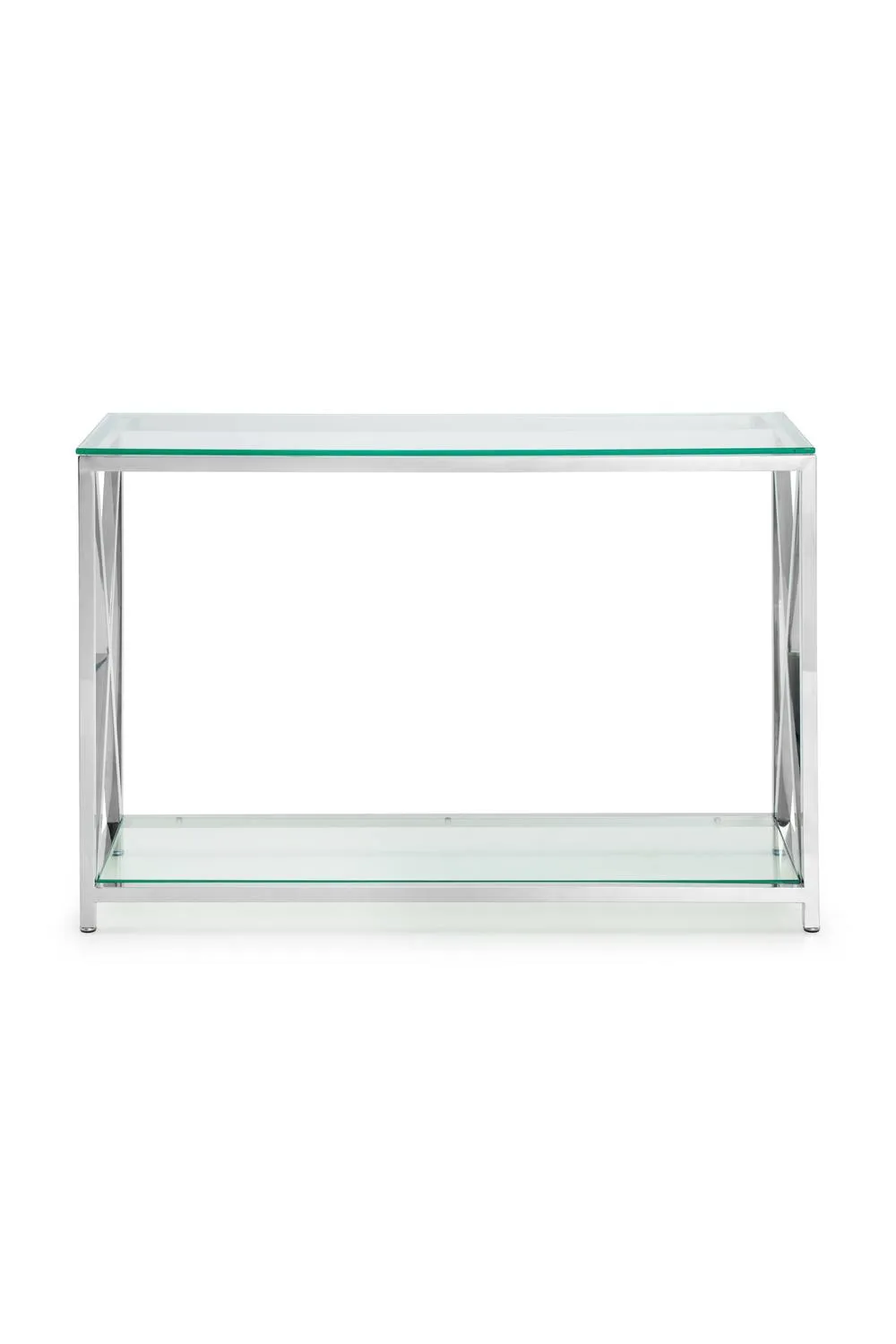 Julian Bowen Miami Glass Top Cross Frame Console Table with Shelf in Silver 4