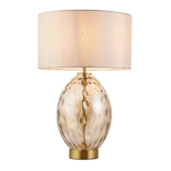 Endon Collection Elin Dimple Table Lamp With Round Shade Champagne Lustre Glass Satin Brass Plate With Vintage White Fabric 1X E27, Cream 6