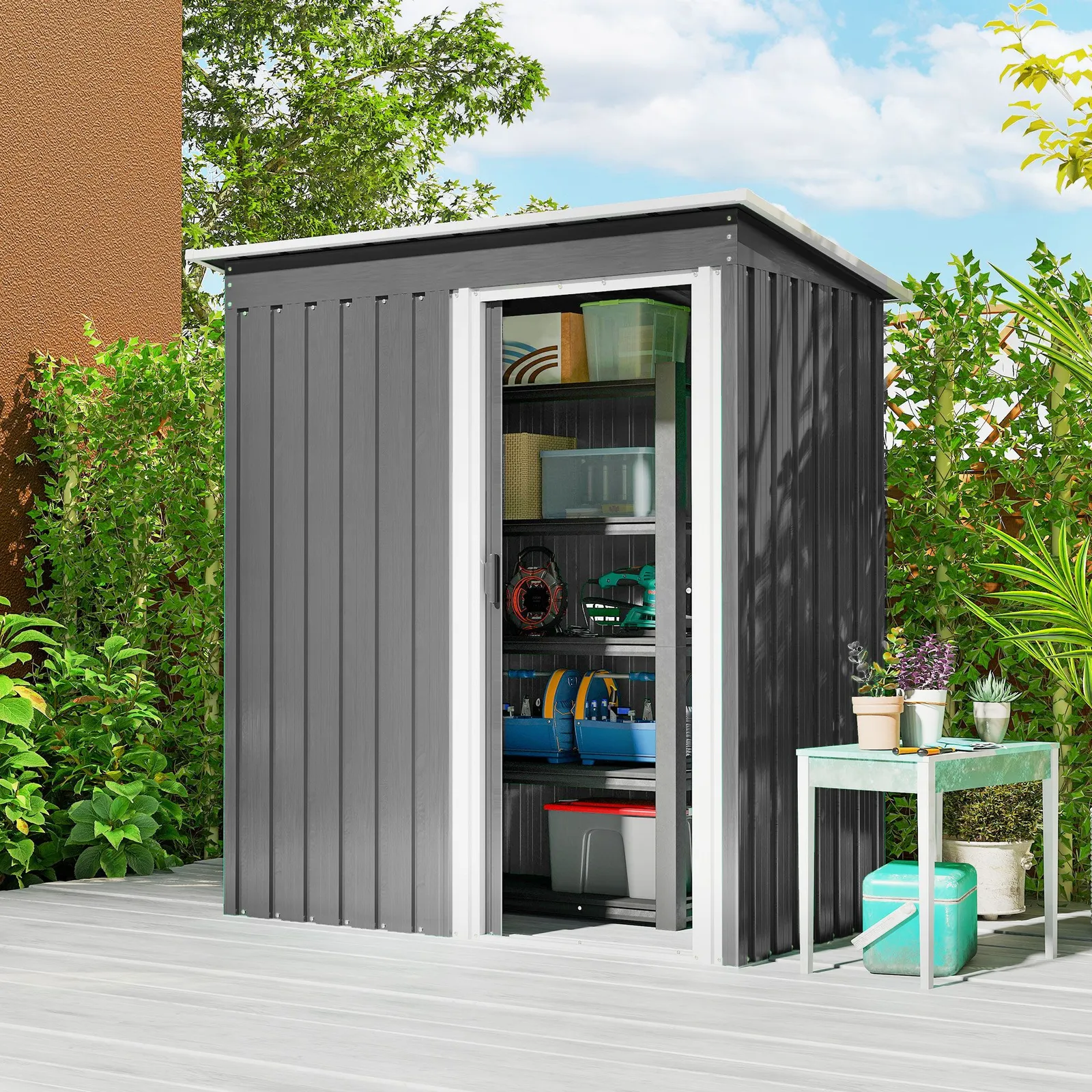 OUTSUNNY 5 x 3ft Garden Storage Shed Sliding Door Sloped Roof Tool, Grey in Light Grey
