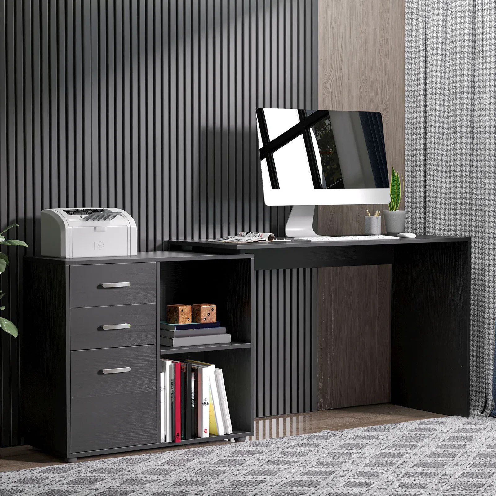 HOMCOM Computer Desk Table Workstation L Shape Drawer Shelf File Cabinet in Black