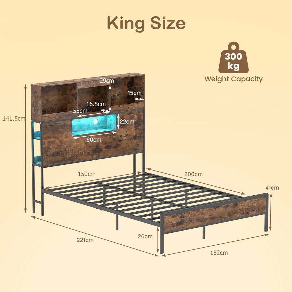 Costway King Size Bed Frame with LED Lights & Power Outlet Industrial Metal Platform Bed in Brown 2