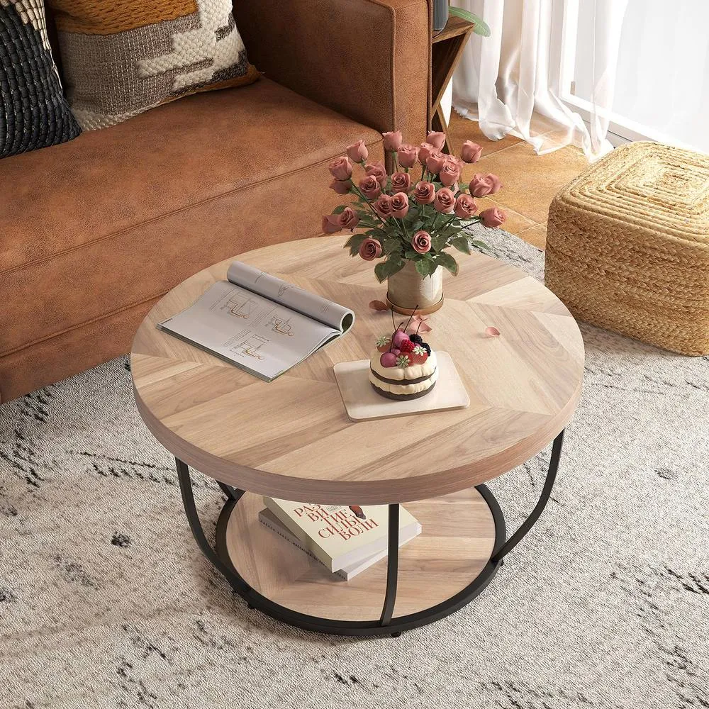 Costway 2-Tier Round Coffee Table with Heavy-duty Metal Frame in Natural 5
